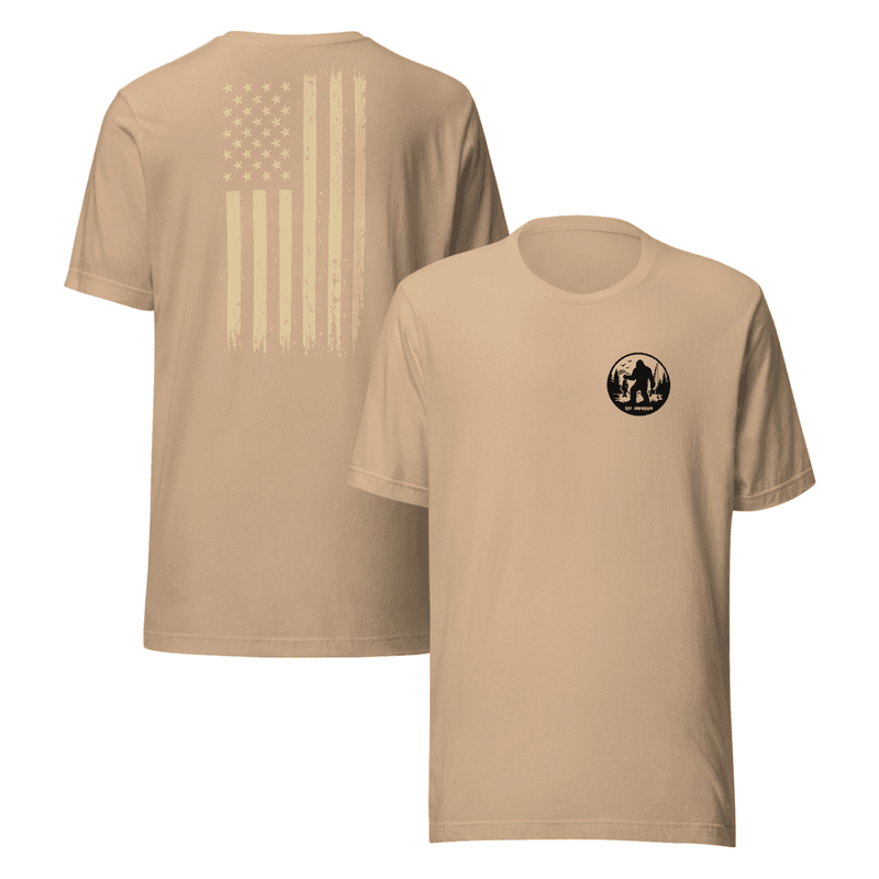 Bassquatch American Flag Front and Back Unisex T-Shirt — Tan